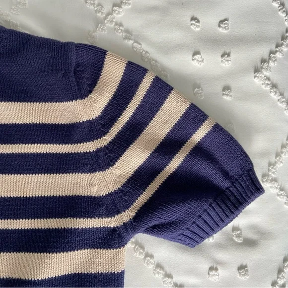Lands End Vintage Short Sleeve Sweater Cream Navy Nautical Coastal Grandma Knit - Picture 4 of 9